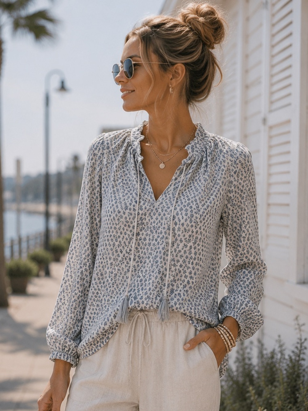Sundays Tie Neck Boho Blouse  Flowy Lightweight Long Sleeve workday Top